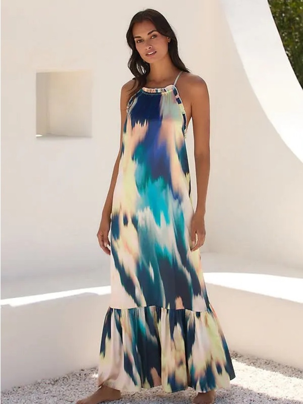 Anthropologie Maxi Halter Sundress in Teal Blue Tie-Dye